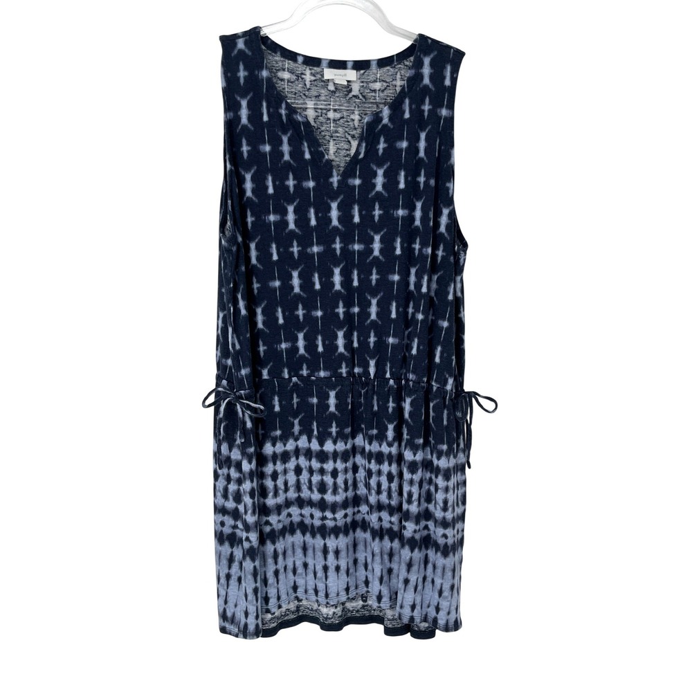 Pure Jill Dress L Blue Tie Dye Linen Rayon Sleeveless Drawstring Shift Coastal - Picture 2 of 8